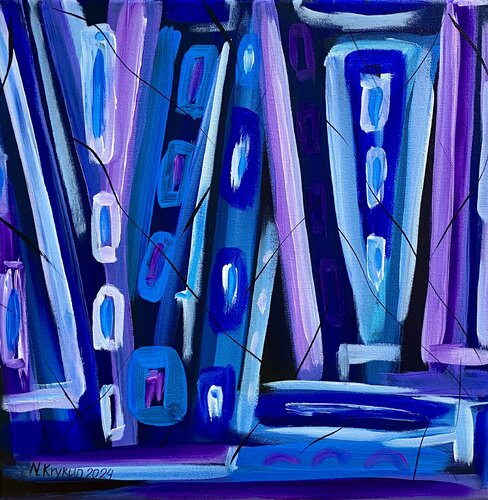 Flower series 8 - spring gardens, blue violet pink exspressionism par Nataliia Krykun, Peinture en vente sur Singulart