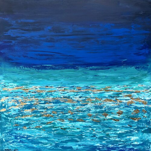 Turquoise blue horizon - 3D Seascape, ocean, water gold leaf di Nataliia Krykun, Pittura in vendita su Singulart