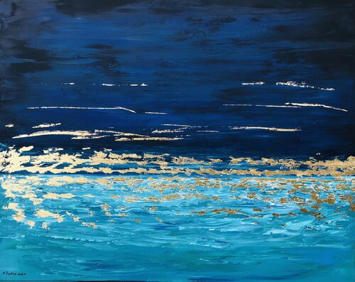 Blue seascape - 3D, ocean, water wave, gold leaf Nataliia Krykun