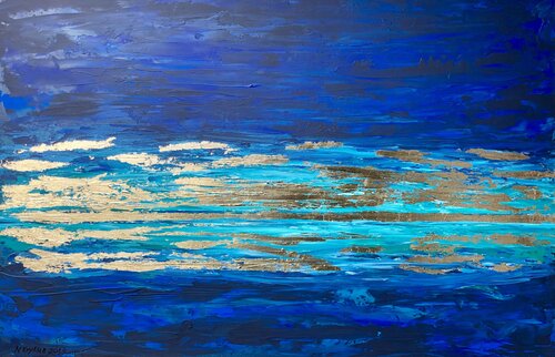 Blue skyline - 3D, ocean, water wave, gold leaf Nataliia Krykun