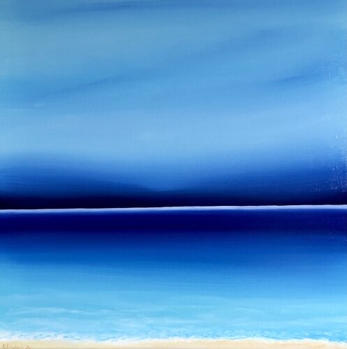 French Riviera Series, Marine, seascape. Sunset, skyline, turquoise waves van Nataliia Krykun, Schilderij te koop op Singulart
