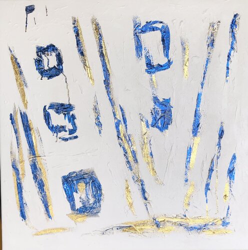 3D Blue & White abstract from the series „White reflection“ modern large painting textured, sculpture, gold leaf, gilding Nataliia Krykun