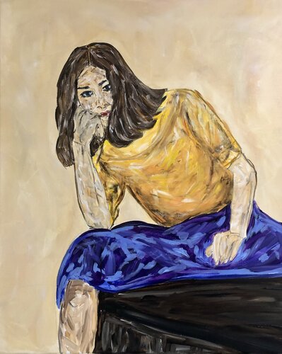 Woman in yellow blouse - figurative, women, fashion, people, realistic by Nataliia Krykun, Painting for Sale on Singulart