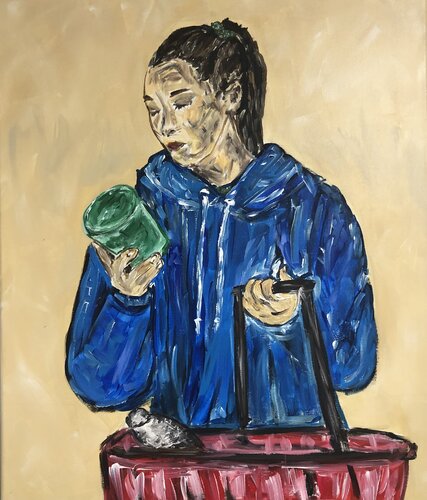 woman in blue with a basket - figurative, women, fashion, people, realisti, shopping Nataliia Krykun