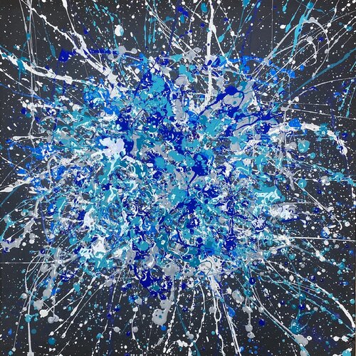 The feeling of a shooting star -  blue, navy, white, black large abstraction, drops, expressionism dropping inspired by Jackson Pollock by Nataliia Krykun, Painting for Sale on Singulart
