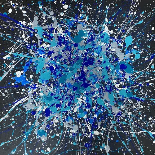 Flight between the stars -  blue, navy, white, black large abstraction, drops, expressionism dropping inspired by Jackson Pollock by Nataliia Krykun, Painting for Sale on Singulart