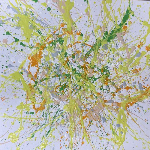 Power of colors  - yellow, green, white, colourful abstraction, drops, expressionism dropping von Nataliia Krykun, Malerei kaufen auf Singulart