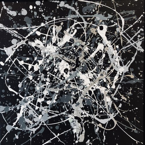 From the series "Infinite Flight" 20 monochrome gray, silber, white, black minimalism abstraction, expressionism dropping inspired by Jackson Pollock Nataliia Krykun