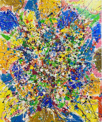 From the series "Bright Dreams" - 1,  yellow, blue, pink, white, colourful large abstraction, drops, expressionism dropping van Nataliia Krykun, Schilderij te koop op Singulart