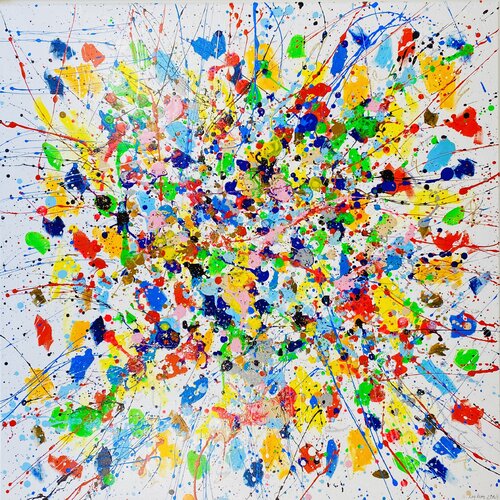 From the Series "Bright Dreams - 4",  yellow, blue, pink, white, colourful large abstraction, drops, expressionism dropping von Nataliia Krykun, Malerei kaufen auf Singulart