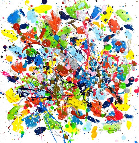 From the Series "Bright Dreams - 6",  yellow, blue, pink, white, colourful large abstraction, drops, expressionism dropping von Nataliia Krykun, Malerei kaufen auf Singulart