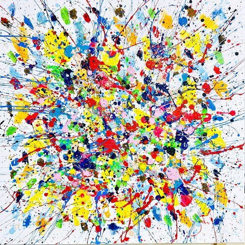 From the Series "Bright Dreams - 5",  yellow, blue, pink, white, colourful large abstraction, drops, expressionism dropping von Nataliia Krykun, Malerei kaufen auf Singulart
