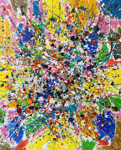 From the series "Bright Dreams" - 3,  yellow, blue, pink, white, colourful large abstraction, drops, expressionism dropping di Nataliia Krykun, Pittura in vendita su Singulart