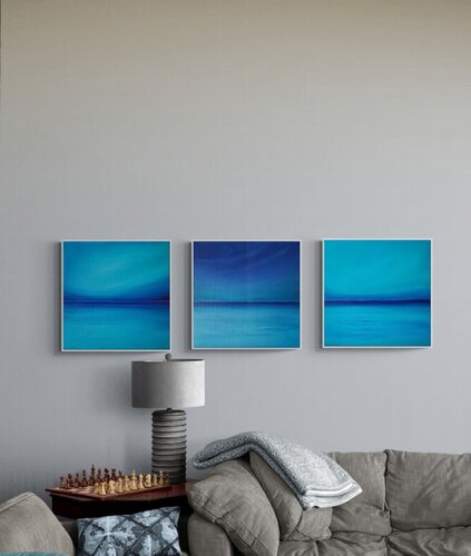 From the Series !Blue Lagoon Ocean 1,2,3_ Seascape blue minimalism,Sunset, skyline, turquoise waves von Nataliia Krykun, Malerei kaufen auf Singulart