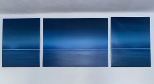 „Night lake in Ukraine“ Blue abstract impressions minimalism seascape, water, sky de Nataliia Krykun, Pintura a la venta en Singulart