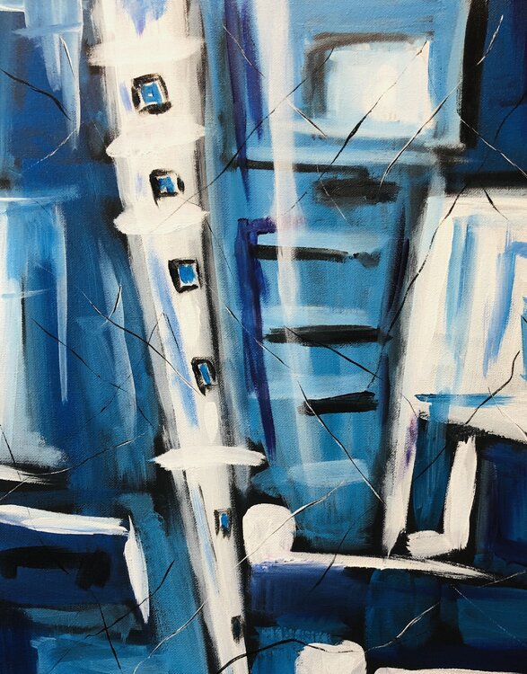 „Blue Paradise“ Blue black white geometric abstraction Nataliia Krykun