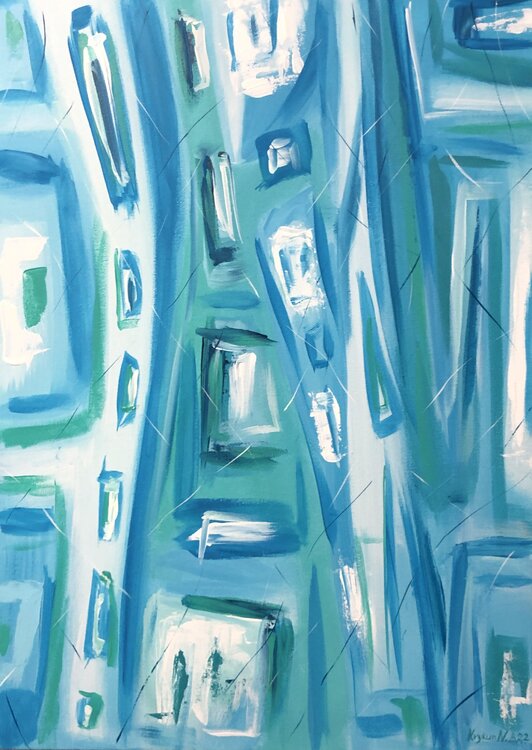 „Sky“ - blue , white, turquoise geometric abstraction Nataliia Krykun