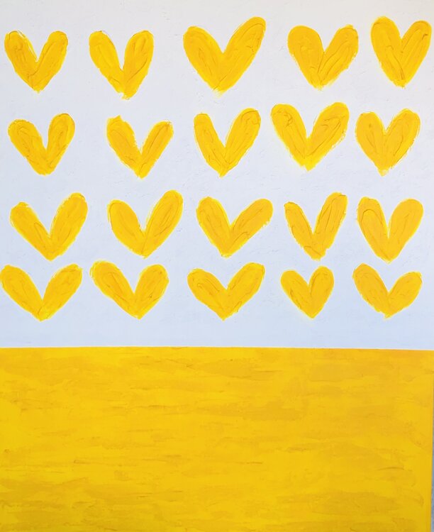 „Yellow hearts are filled with love“ - 3d textured minimalist abstraction Pop Art Nataliia Krykun