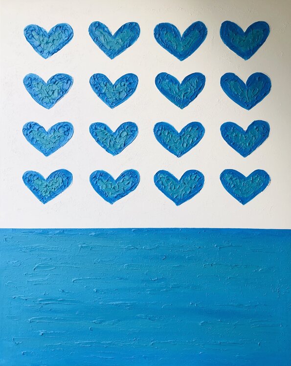 „Blue hearts are filled with love“ - 3d textured minimalist abstraction Pop Art Nataliia Krykun