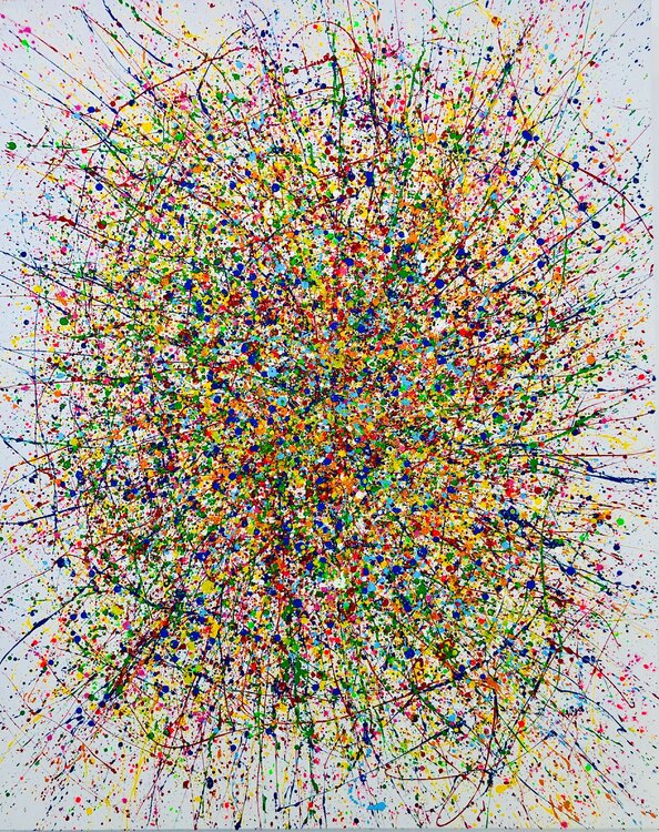From the series "Infinite Flight" yellow, blue, pink, white, colourful large abstraction, drops, expressionism dropping Nataliia Krykun