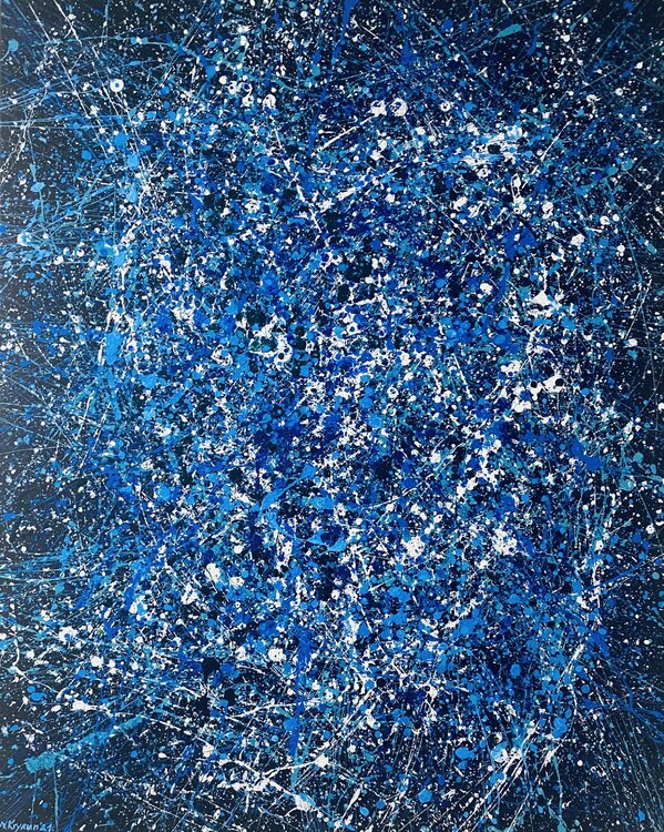 Blue Galaxy, minimalistic dripping abstraction Pollock’s Style Nataliia Krykun