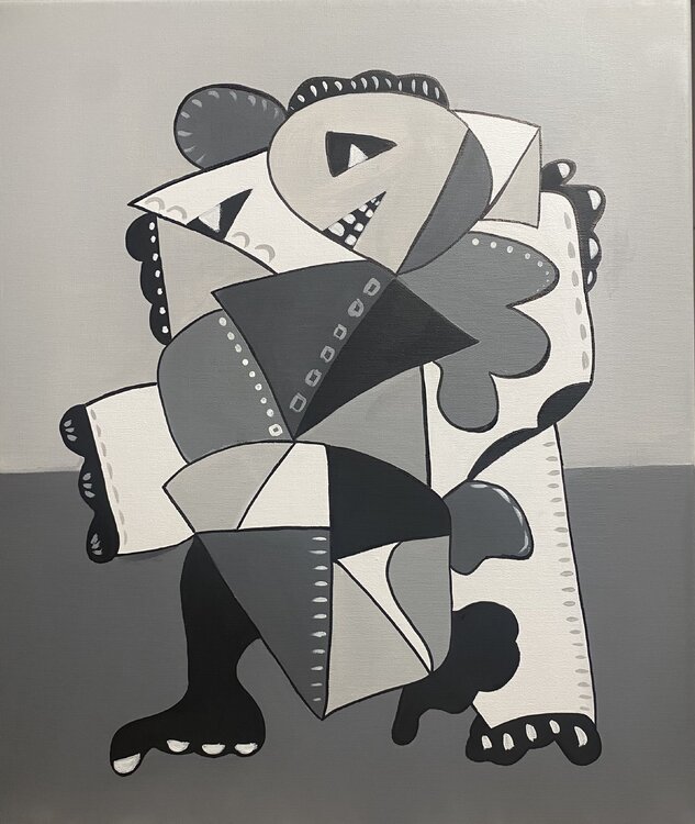 A Walk at Dusk -  silver, gray, white, black large abstraction, drops, expressionism inspired by Picasso Style Nataliia Krykun