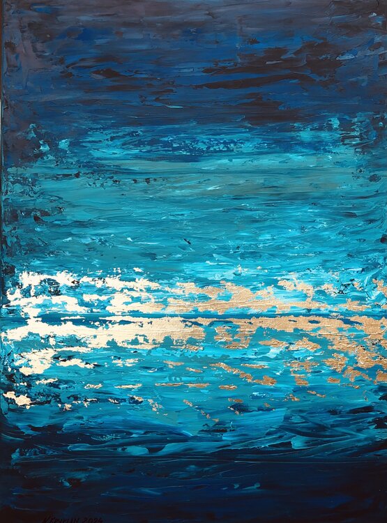 Turquoise seascape - 3D Seascape, ocean, water gold leaf Nataliia Krykun