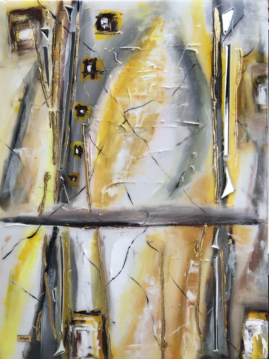 Yellow gray white acrylic Abstraction Nataliia Krykun