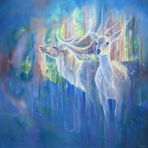 Divine Monarchs is a large semi-abstract wildlife painting of two deer von Gill Bustamante, Malerei kaufen auf Singulart