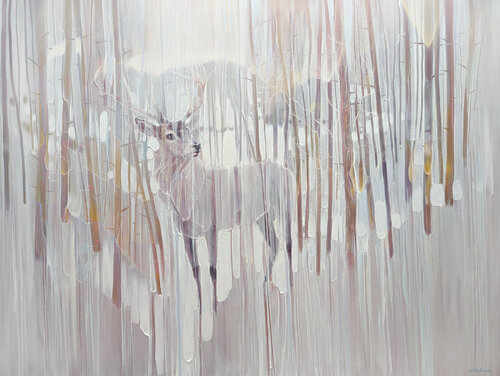 Winter Stag Appearance, a winter landscape with stag di Gill Bustamante, Pittura in vendita su Singulart