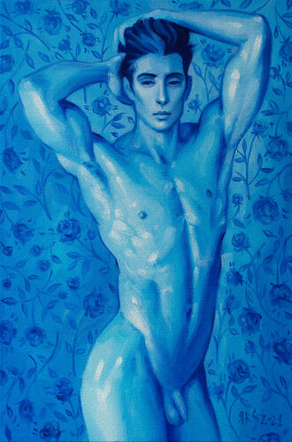 BLUE FLOWERS by Yaroslav Sobol (Modern Abstract Figurative Oil painting of a Man Nude Male Model Gift Home Decor) by Yaroslav Sobol, Painting for Sale on Singulart