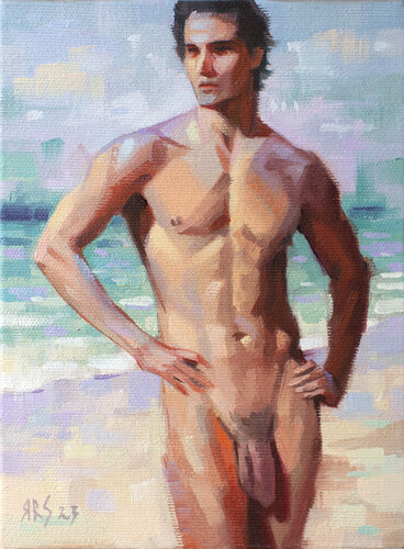 NAKED MAN by the SEA - Nature's Embrace: Striking Handmade Oil Painting of a Handsome Man, the Sun, and the Serene Seashore by Yaroslav Sobol, Painting for Sale on Singulart