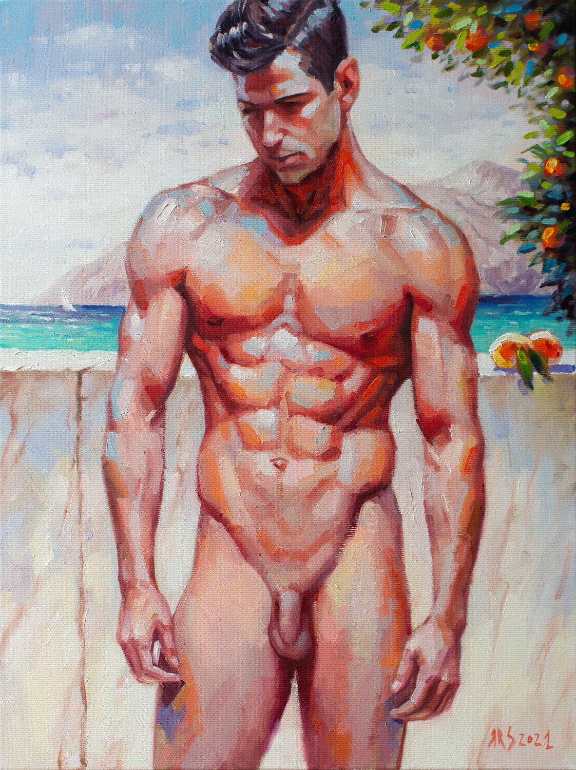 SUNNY DAY by Yaroslav Sobol (Modern Impressionistic Figurative Oil painting  of a Man Nude Male Model Gift Home Decor) by Yaroslav Sobol (2021) :  Painting Oil on Canvas - Singulart