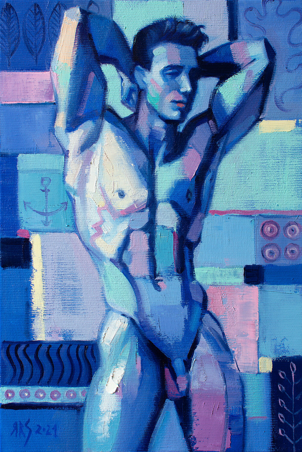 ABSTRACT MALE TORSO by Yaroslav Sobol (Modern Abstract Figurative Oil  painting of a Man Nude Male Model Gift Home Decor) by Yaroslav Sobol (2021)  : Painting Oil on Canvas - Singulart
