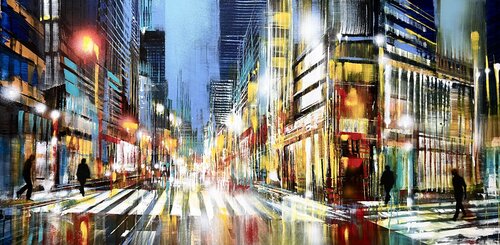 Evening Crosswalks and four stencil men van Bianca Prettau, Schilderij te koop op Singulart