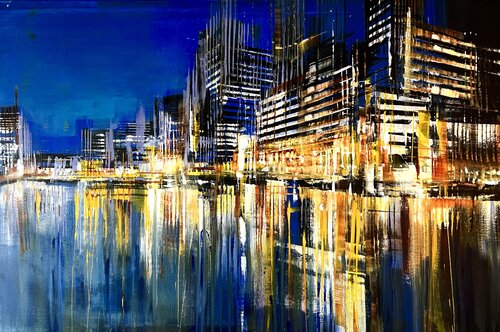 Chelsea piers at night van Bianca Prettau, Schilderij te koop op Singulart
