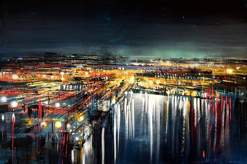Industrial harbour at night van Bianca Prettau, Schilderij te koop op Singulart