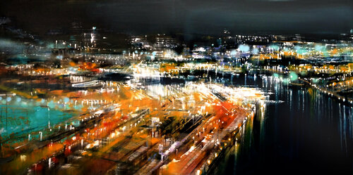 Night Flight Over Port II van Bianca Prettau, Schilderij te koop op Singulart