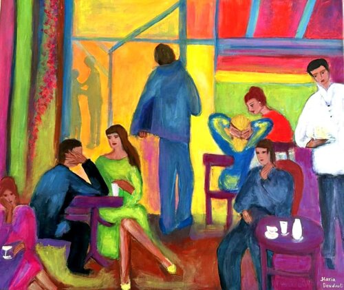Before Leaving the Room - Moments at the Cafe von Maria Doudouli, Malerei kaufen auf Singulart