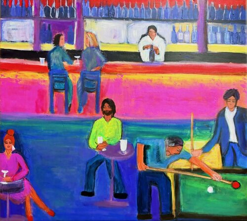 Midnight Conversations — Between Drinks and Shots von Maria Doudouli, Malerei kaufen auf Singulart