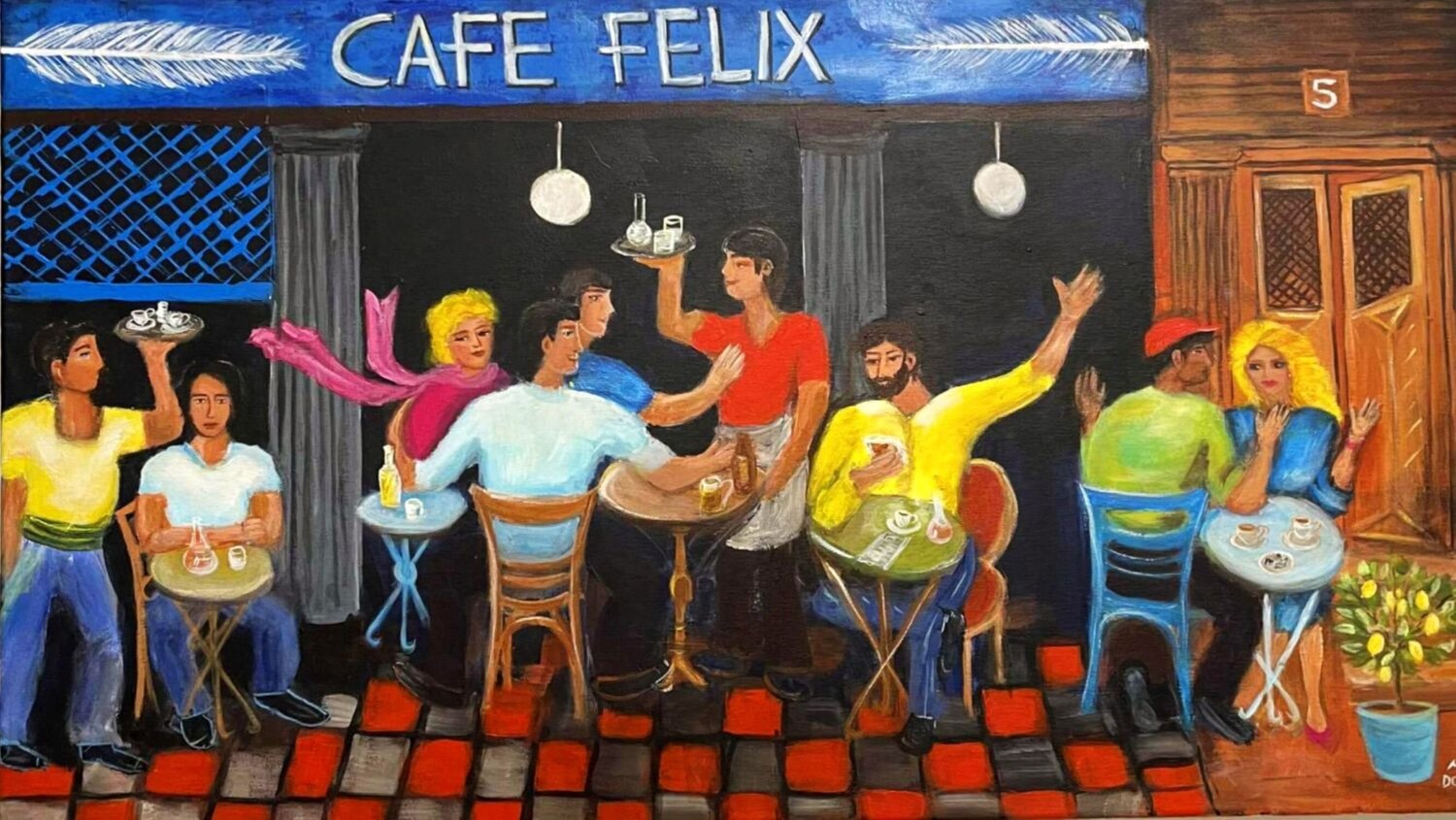 Evening at Café Felix Maria Doudouli Dipinto originale in vendita