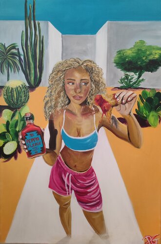 Summer girl chicken wing and hot sauce by Perrine Gimenez, 회화 for Sale on Singulart