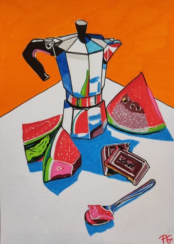 Coffee pot et pastèque revisité par Perrine Gimenez, Peinture en vente sur Singulart