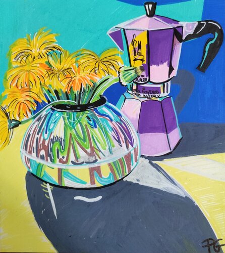 Flowers and coffee pot by Perrine Gimenez, 회화 for Sale on Singulart