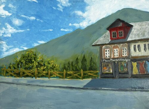 Main Market, Pahalgam par Uma Krishnamoorthy, Peinture en vente sur Singulart