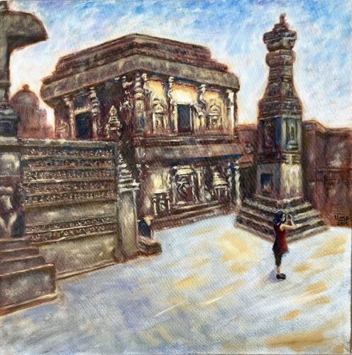 Ellora Caves - Kailash Temple par Uma Krishnamoorthy, Peinture en vente sur Singulart