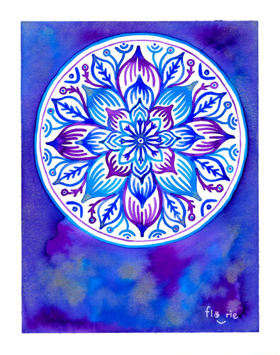 Mandala floral-nuances de bleus, violet & argent von Florie Bonnet, Werk auf Papier kaufen auf Singulart