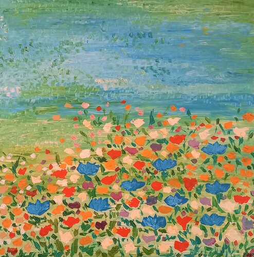 Blumenwiese am Wasser - Flowers by the water van Christine Rechnitzer, Schilderij te koop op Singulart