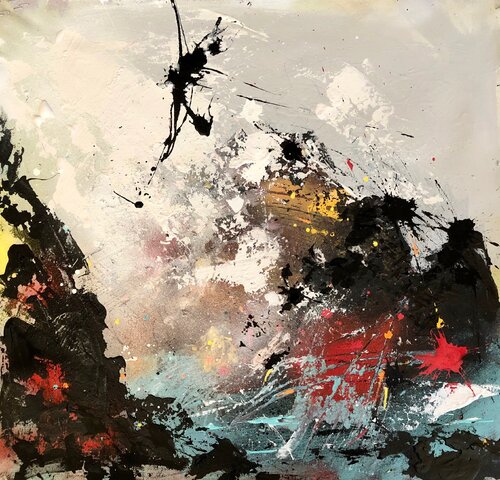 "Montagnes et mer déchaînée" 20X20po acrylique sur toile 2025 robert deschênes
