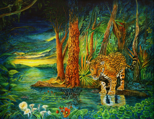 Jaguar an der Tränke di Olaf Plantener, Pittura in vendita su Singulart